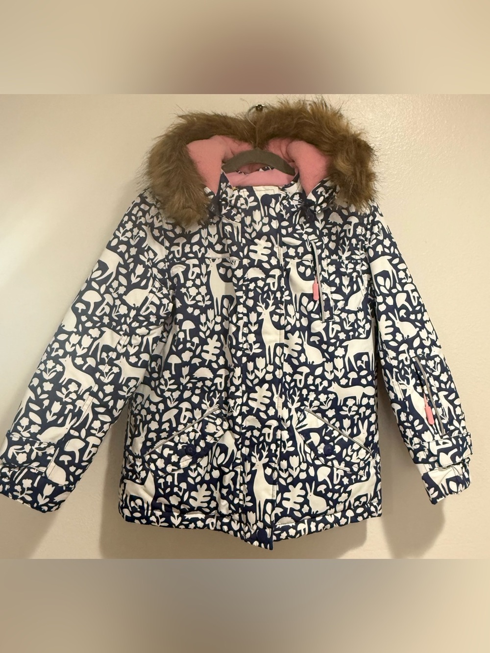 Mini Boden Navy and White Printed Puffer with Faux Fur Trim and Pink Lining